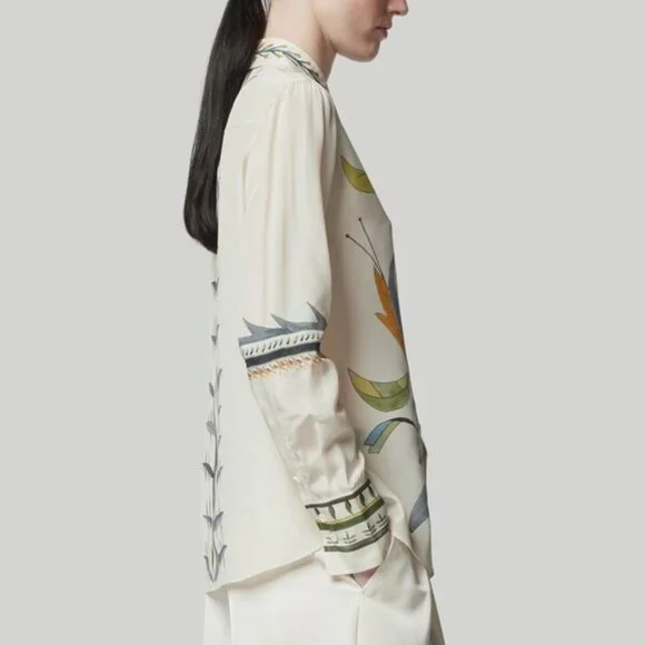 Altuzarra Chika Botanical Print Button Up Blouse Ivory Silk Size IT46 XL L $995